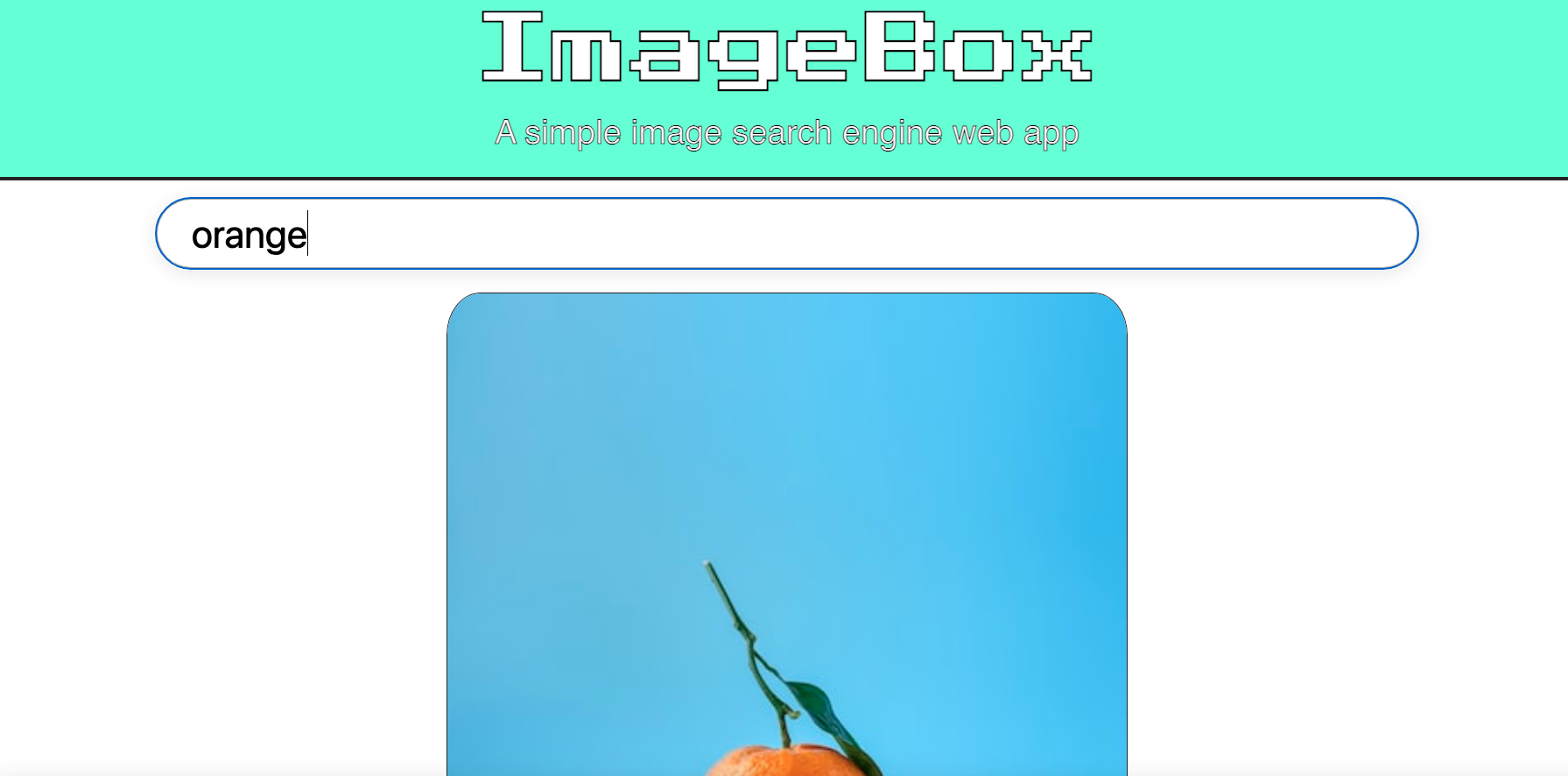 Splashpage for ImageBox, an image search engine app created in React